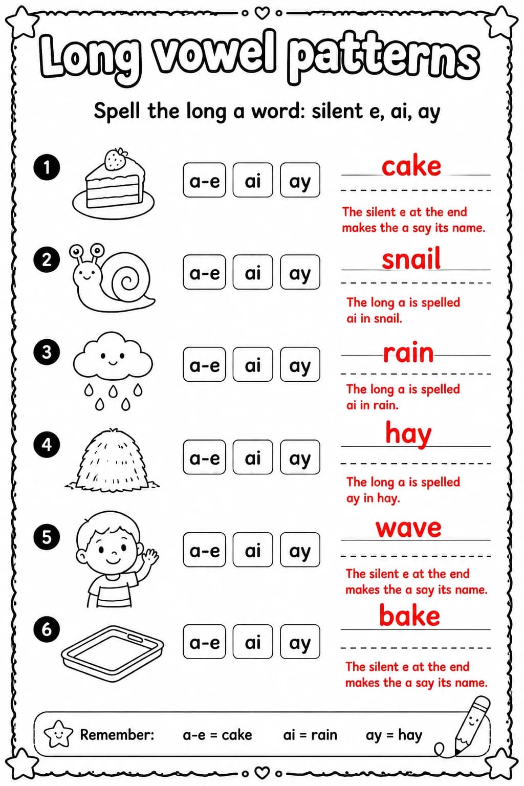 Answer key for Spell the long a word: silent e, ai, ay — free printable English & Reading worksheet