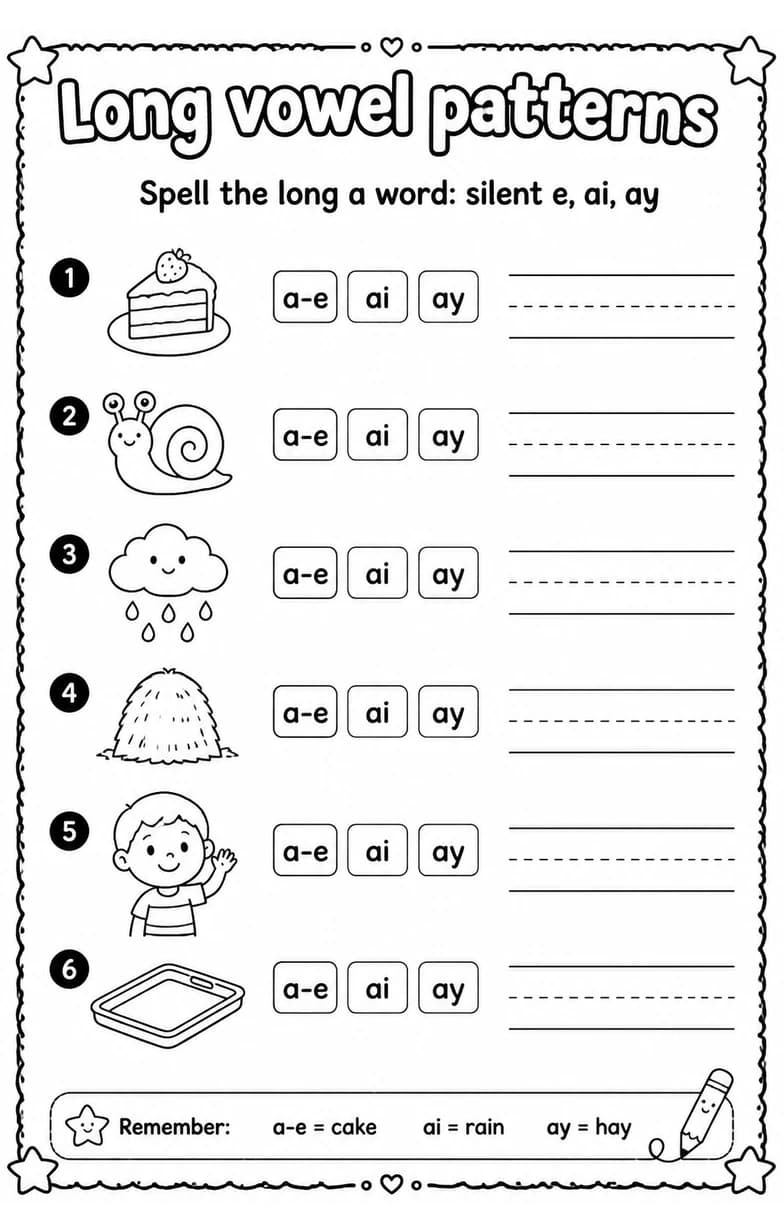 Spell the long a word: silent e, ai, ay — free printable Grade 2 English & Reading worksheet