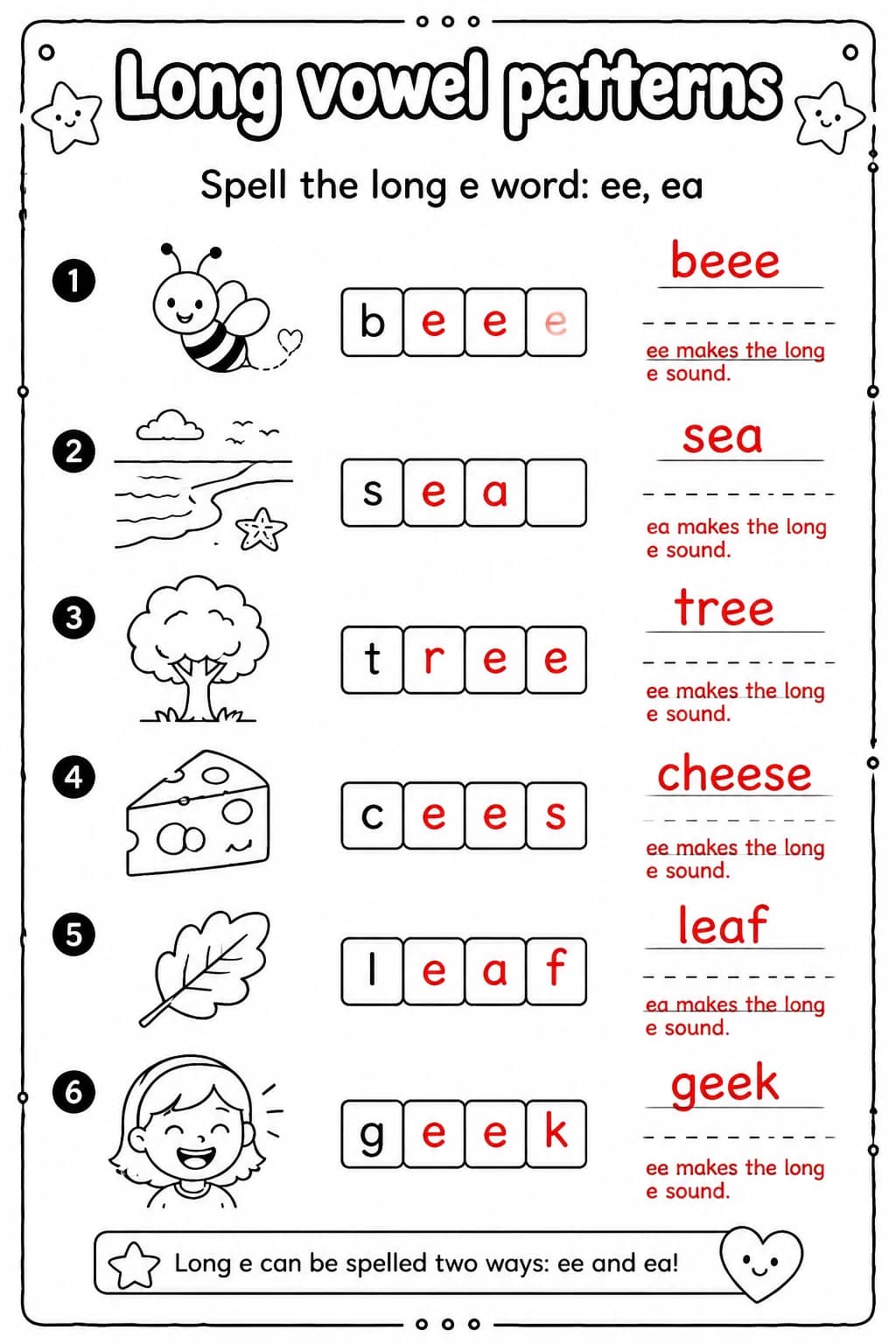 Answer key for Spell the long e word: ee, ea — free printable English & Reading worksheet