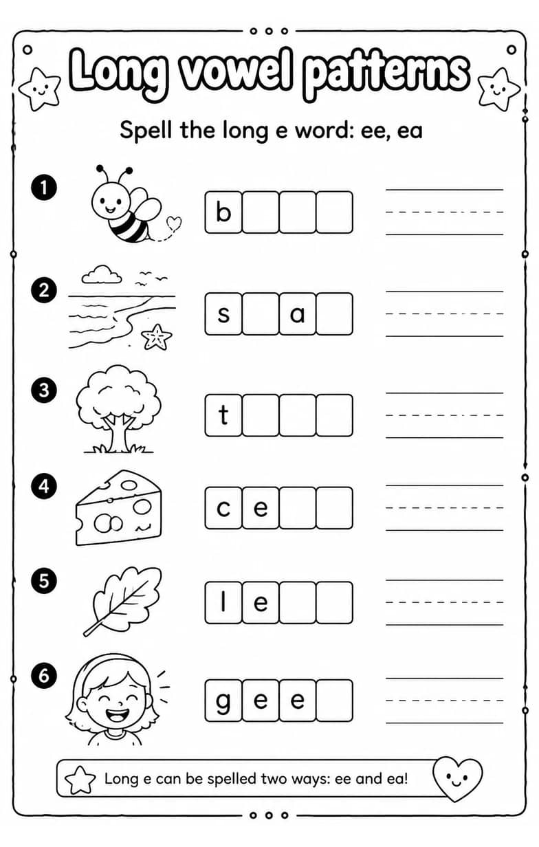 Spell the long e word: ee, ea — free printable Reading foundations English worksheet