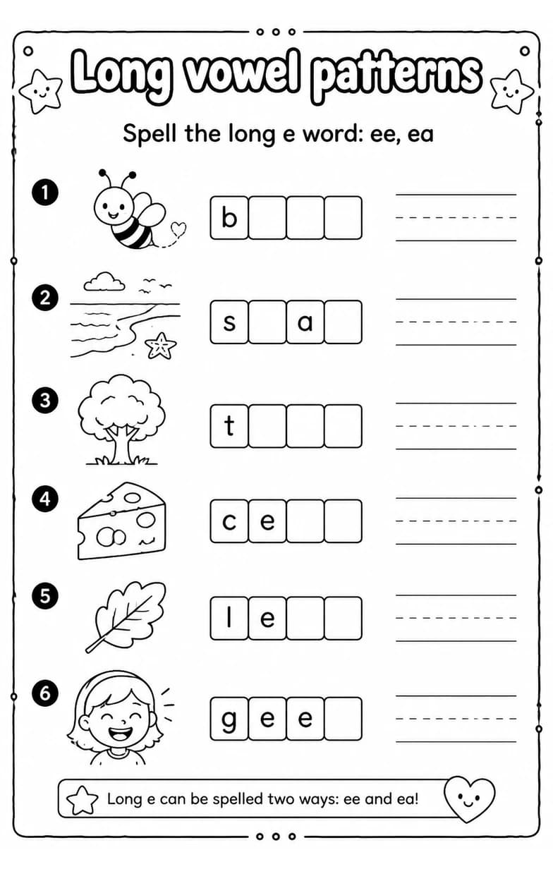 Spell the long e word: ee, ea — free printable Grade 2 English & Reading worksheet