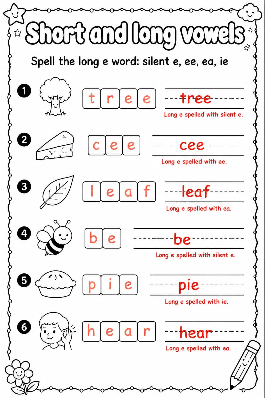 Answer key for Spell the long e word: silent e, ee, ea, ie — free printable English & Reading worksheet