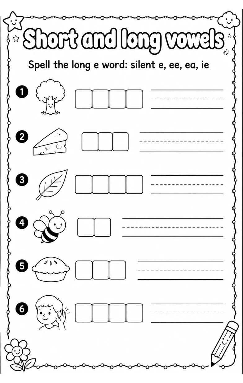 Spell the long e word: silent e, ee, ea, ie — free printable Reading foundations English worksheet