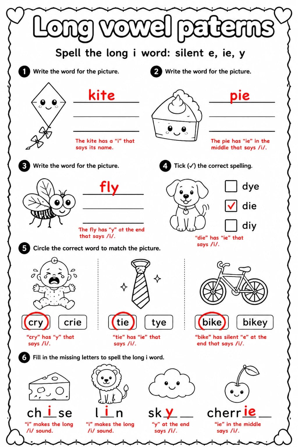 Answer key for Spell the long i word: silent e, ie, y — free printable English & Reading worksheet