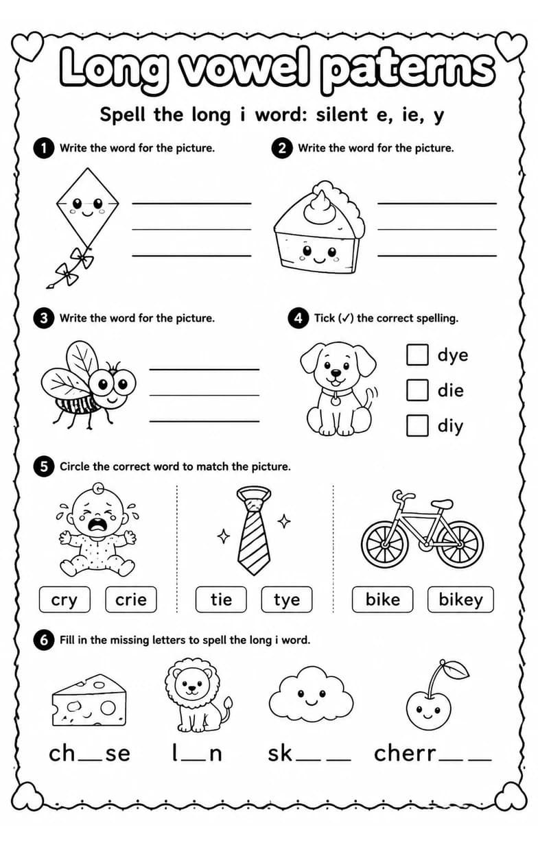 Spell the long i word: silent e, ie, y — free printable Reading foundations English worksheet