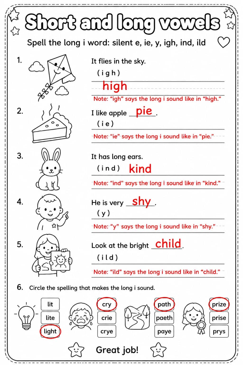 Answer key for Spell the long i word: silent e, ie, y, igh, ind, ild — free printable English & Reading worksheet