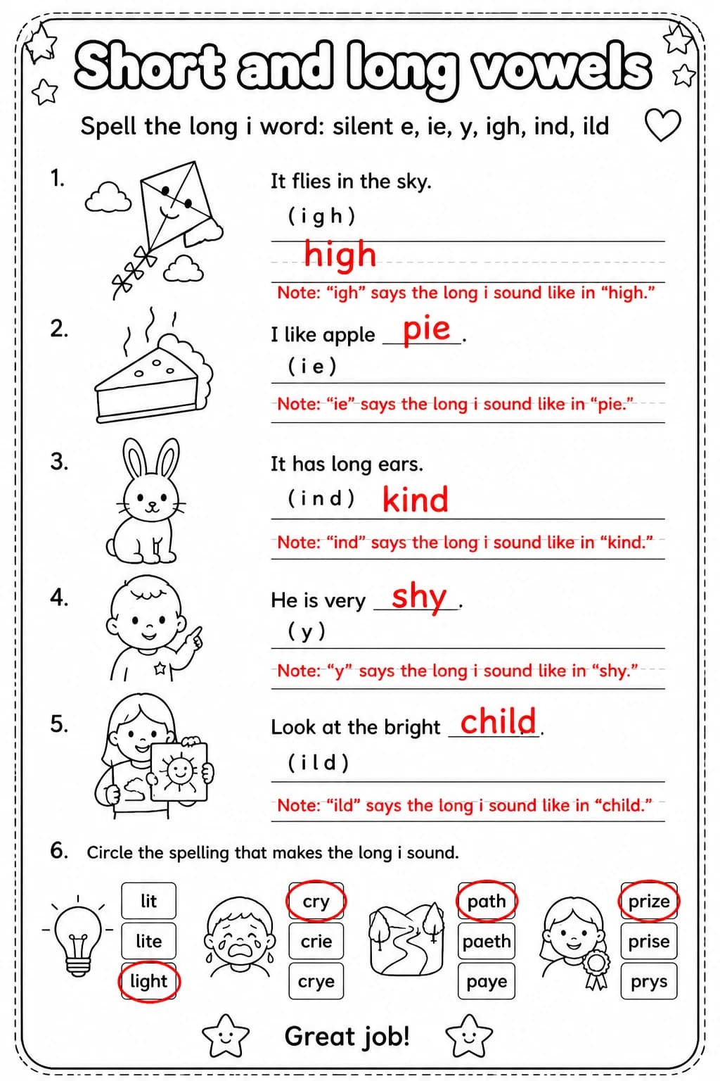 Answer key for Spell the long i word: silent e, ie, y, igh, ind, ild — free printable English & Reading worksheet
