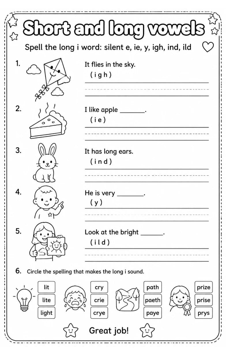 Spell the long i word: silent e, ie, y, igh, ind, ild — free printable Grade 3 English & Reading worksheet