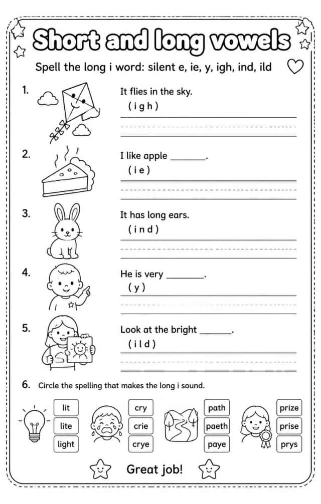 Spell the long i word: silent e, ie, y, igh, ind, ild