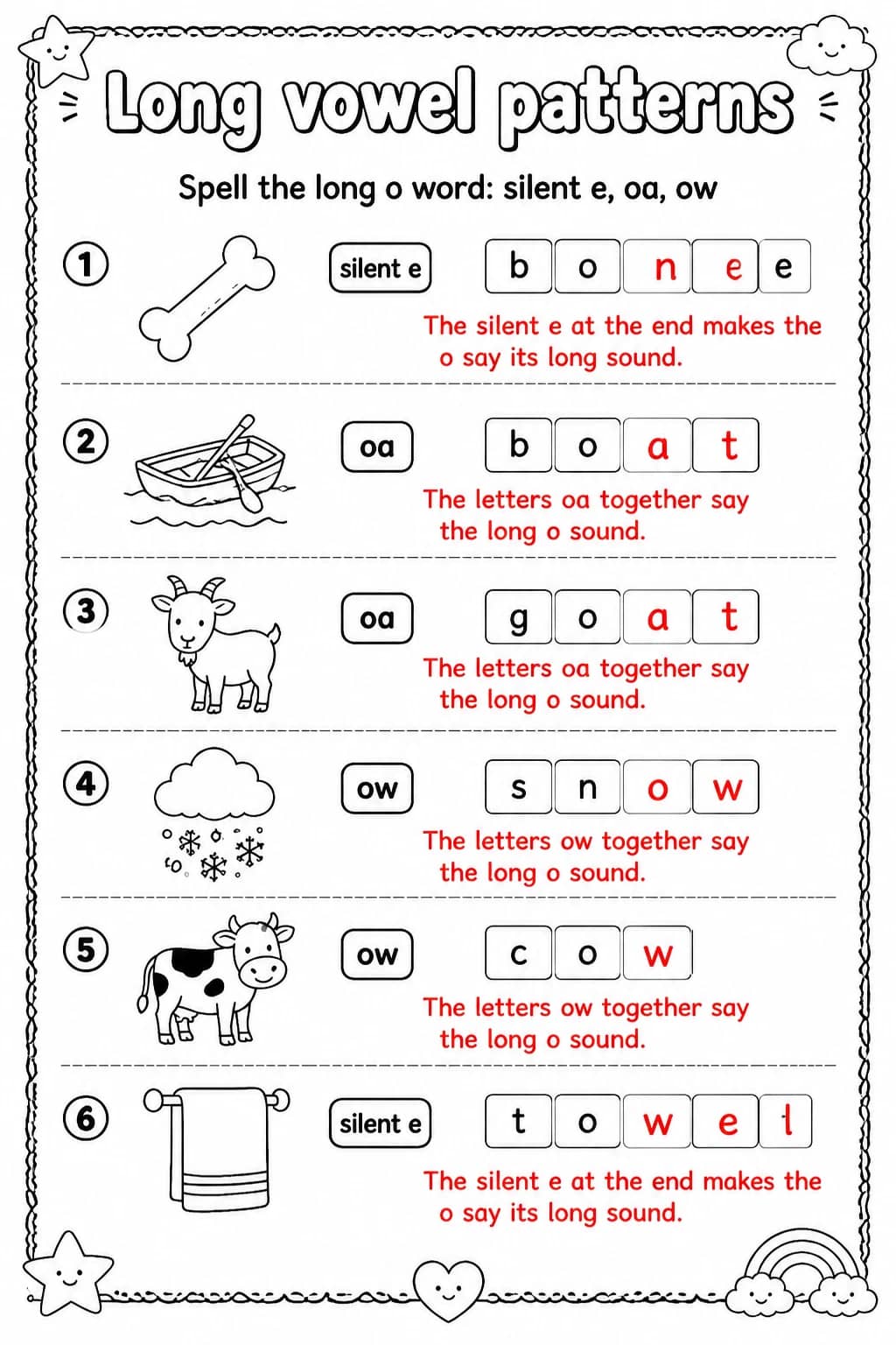 Answer key for Spell the long o word: silent e, oa, ow — free printable English & Reading worksheet