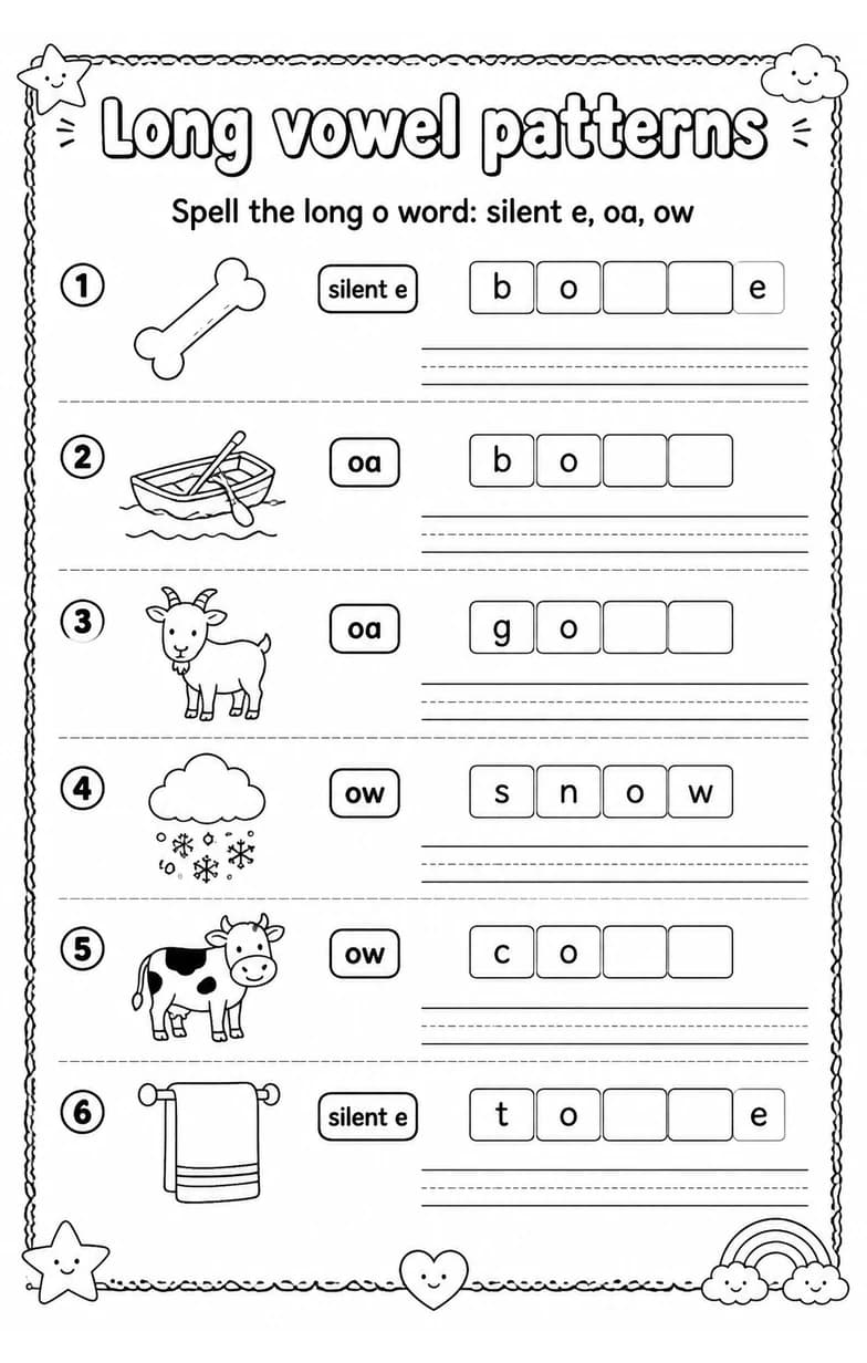 Spell the long o word: silent e, oa, ow — free printable Grade 2 English & Reading worksheet