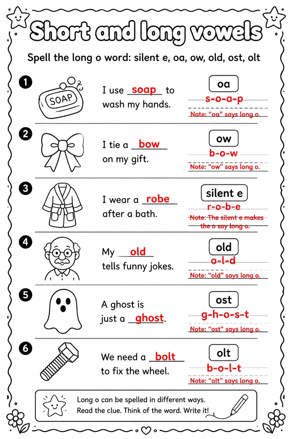Answer key for Spell the long o word: silent e, oa, ow, old, ost, olt — free printable English & Reading worksheet