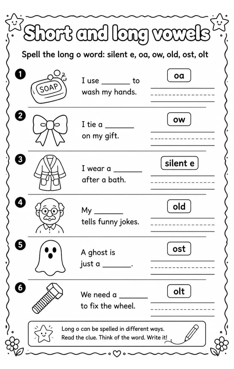Spell the long o word: silent e, oa, ow, old, ost, olt — free printable Grade 3 English & Reading worksheet