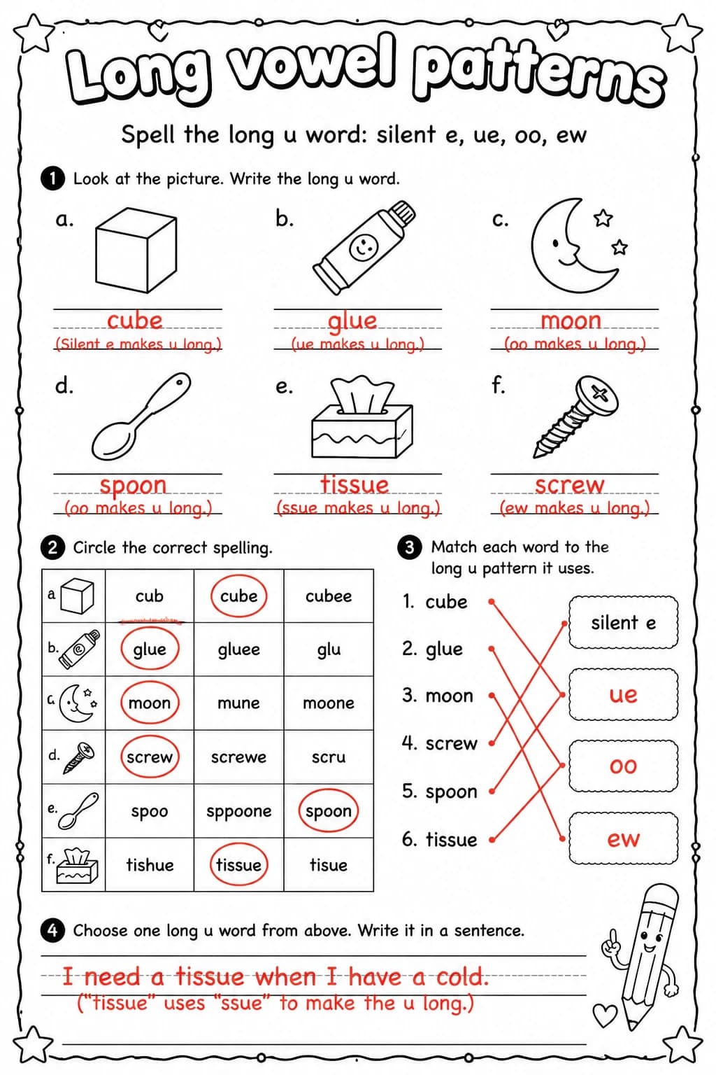 Answer key for Spell the long u word: silent e, ue, oo, ew — free printable English & Reading worksheet