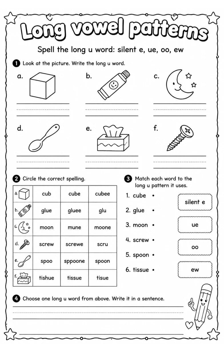 Spell the long u word: silent e, ue, oo, ew — free printable Grade 2 English & Reading worksheet