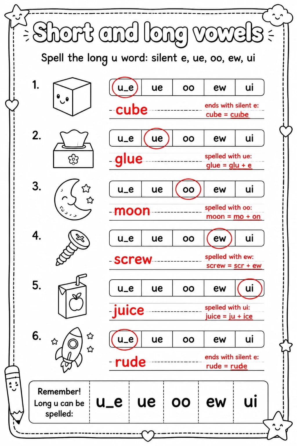 Answer key for Spell the long u word: silent e, ue, oo, ew, ui — free printable English & Reading worksheet