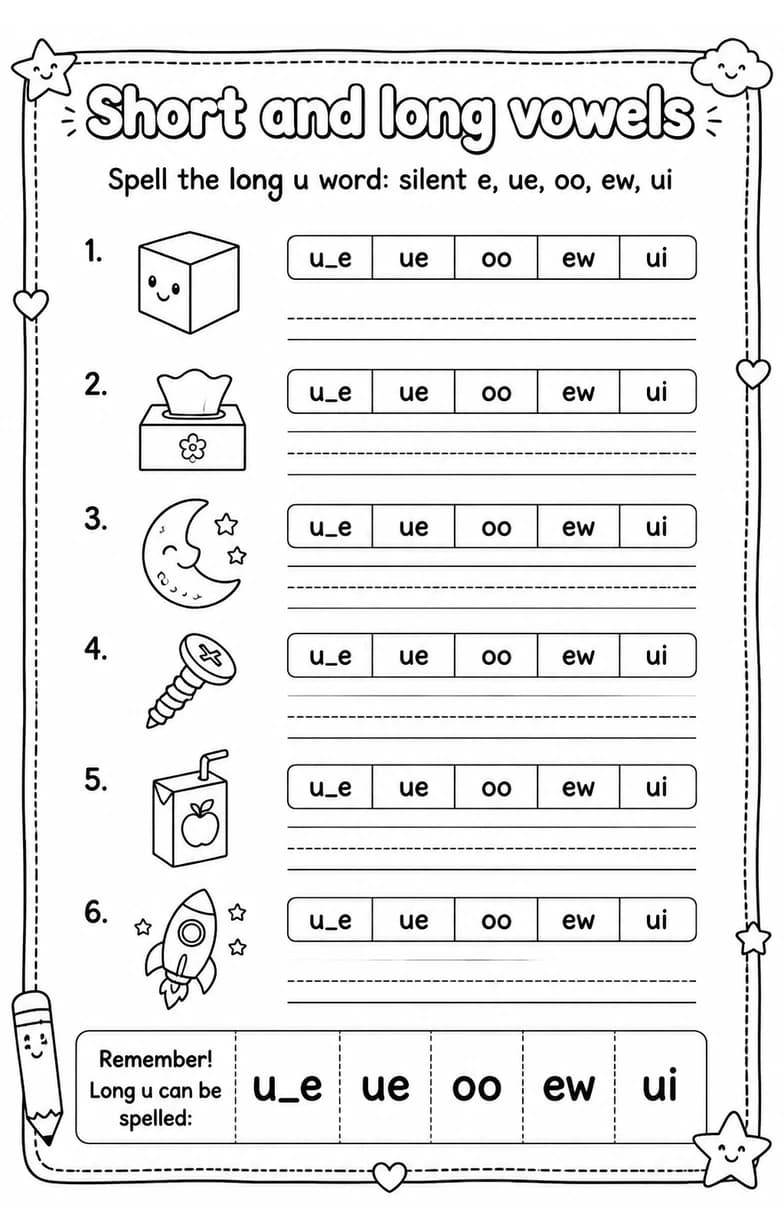 Spell the long u word: silent e, ue, oo, ew, ui — free printable Reading foundations English worksheet