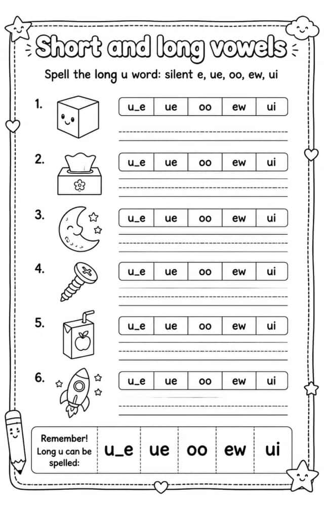 Spell the long u word: silent e, ue, oo, ew, ui