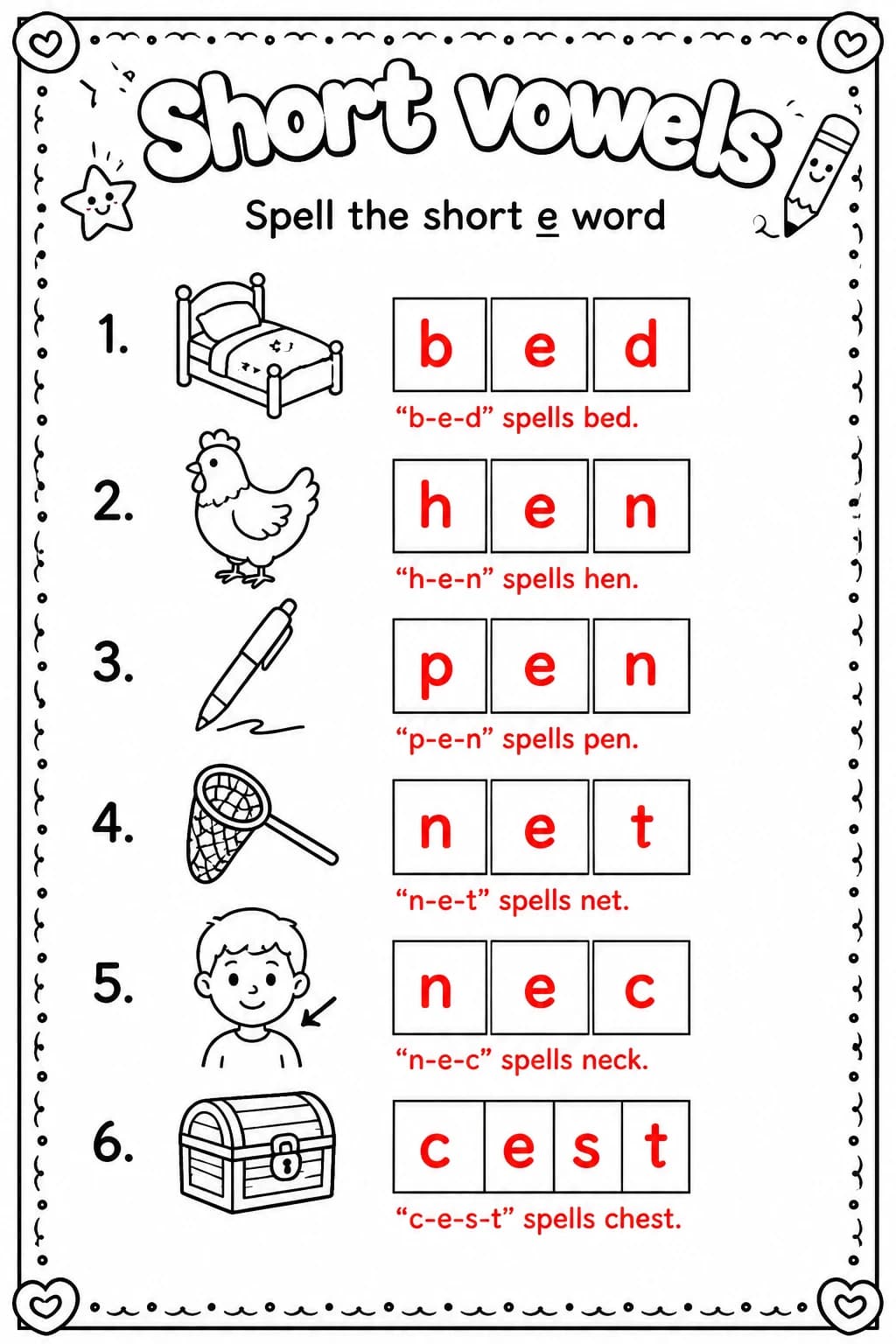 Answer key for Spell the short e word — free printable English & Reading worksheet