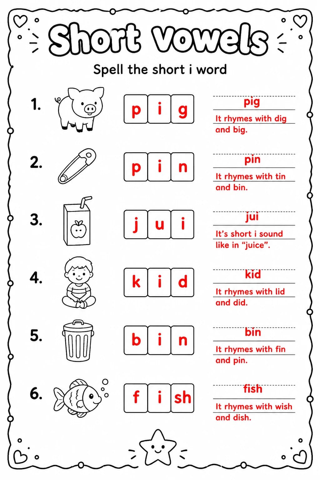Answer key for Spell the short i word — free printable English & Reading worksheet