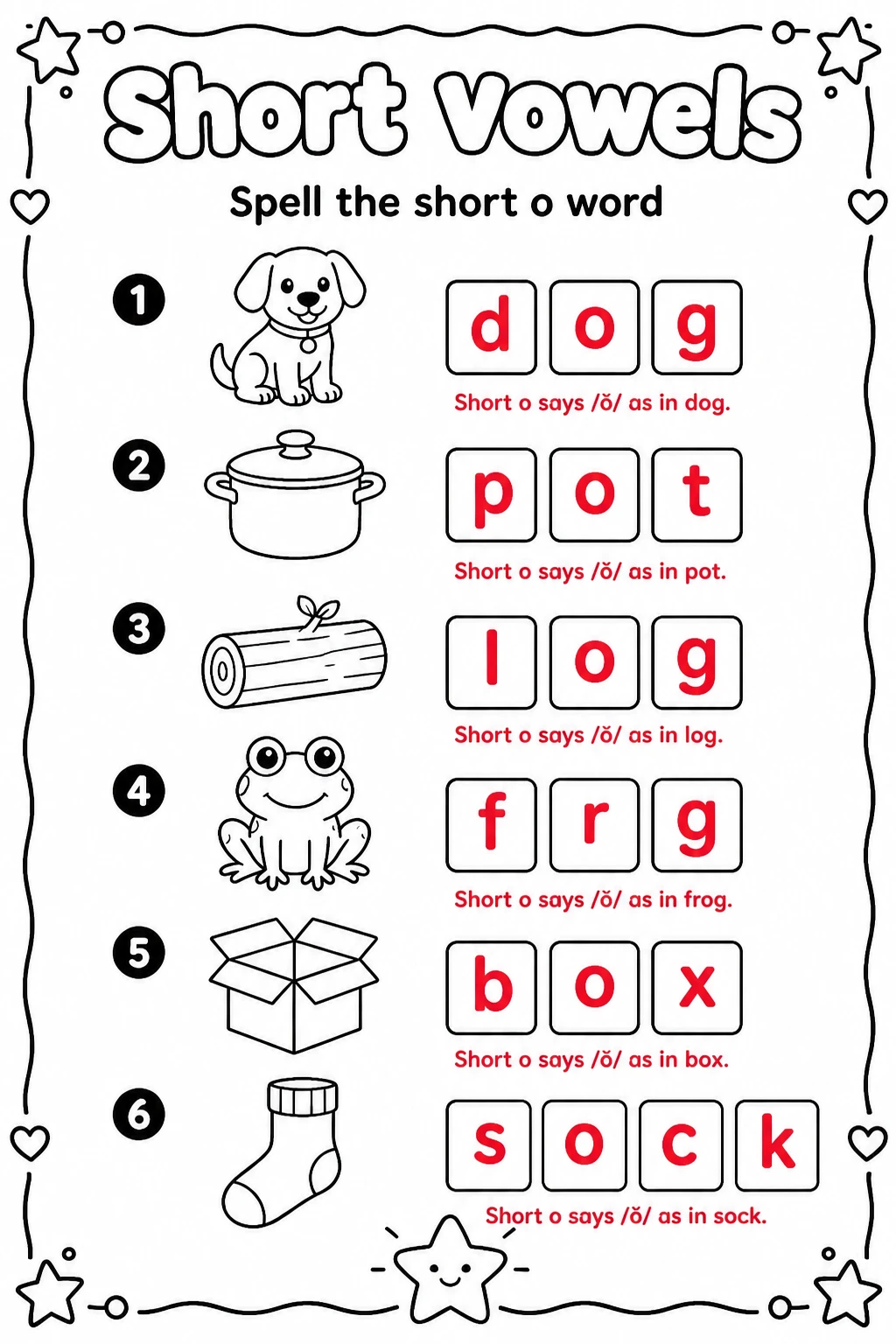 Answer key for Spell the short o word — free printable English & Reading worksheet