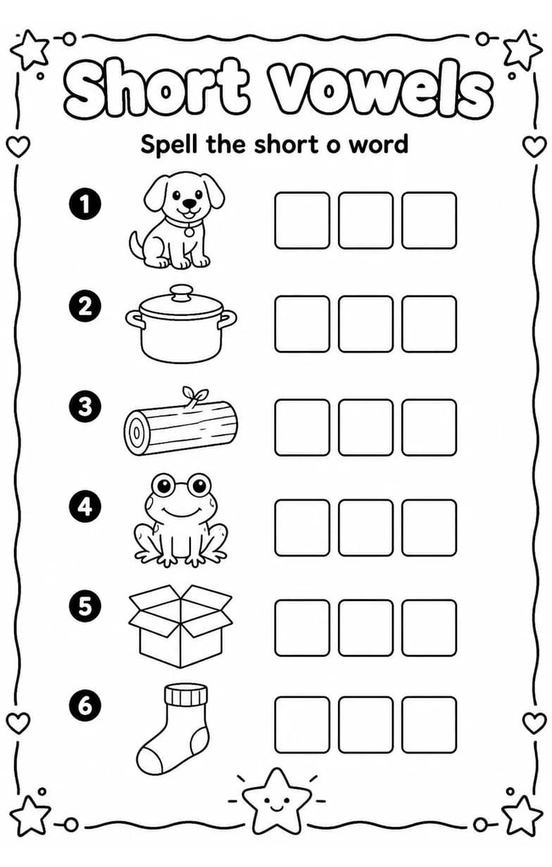 Spell the short o word — free printable Reading foundations English worksheet