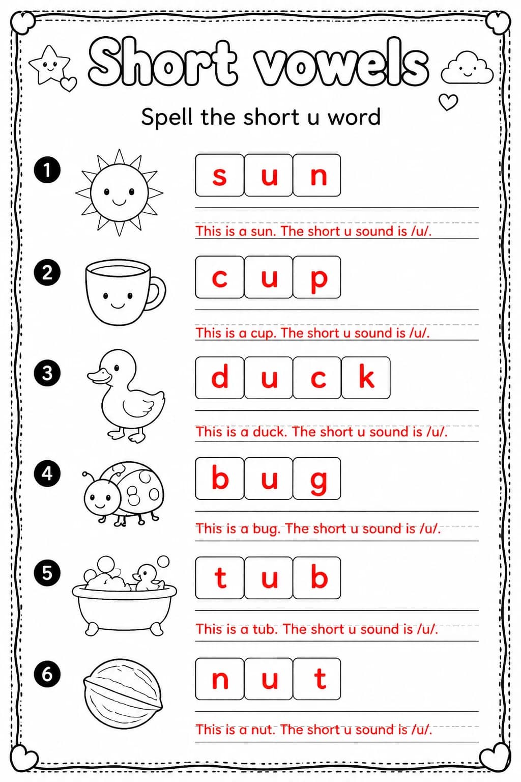 Answer key for Spell the short u word — free printable English & Reading worksheet