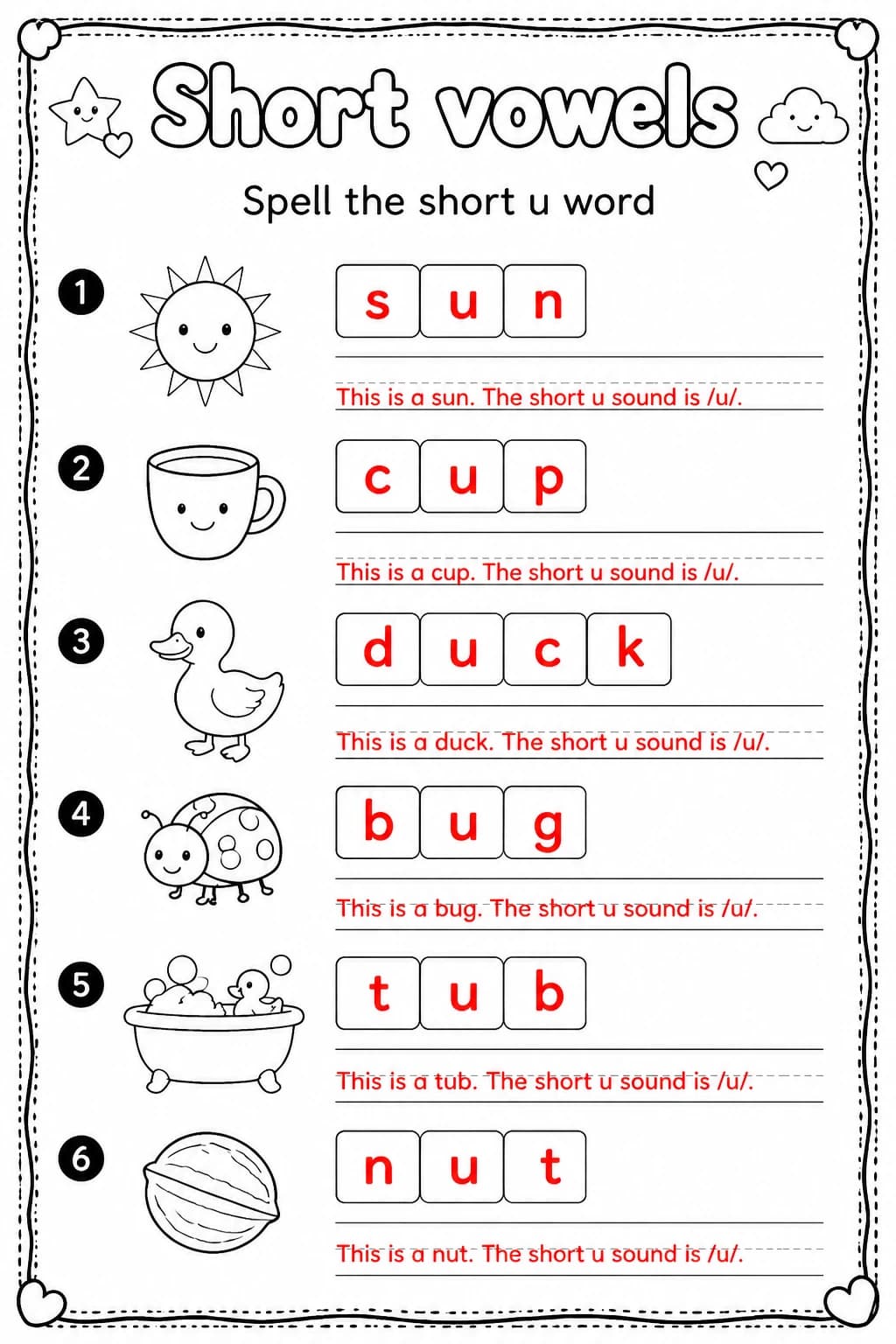 Answer key for Spell the short u word — free printable English & Reading worksheet
