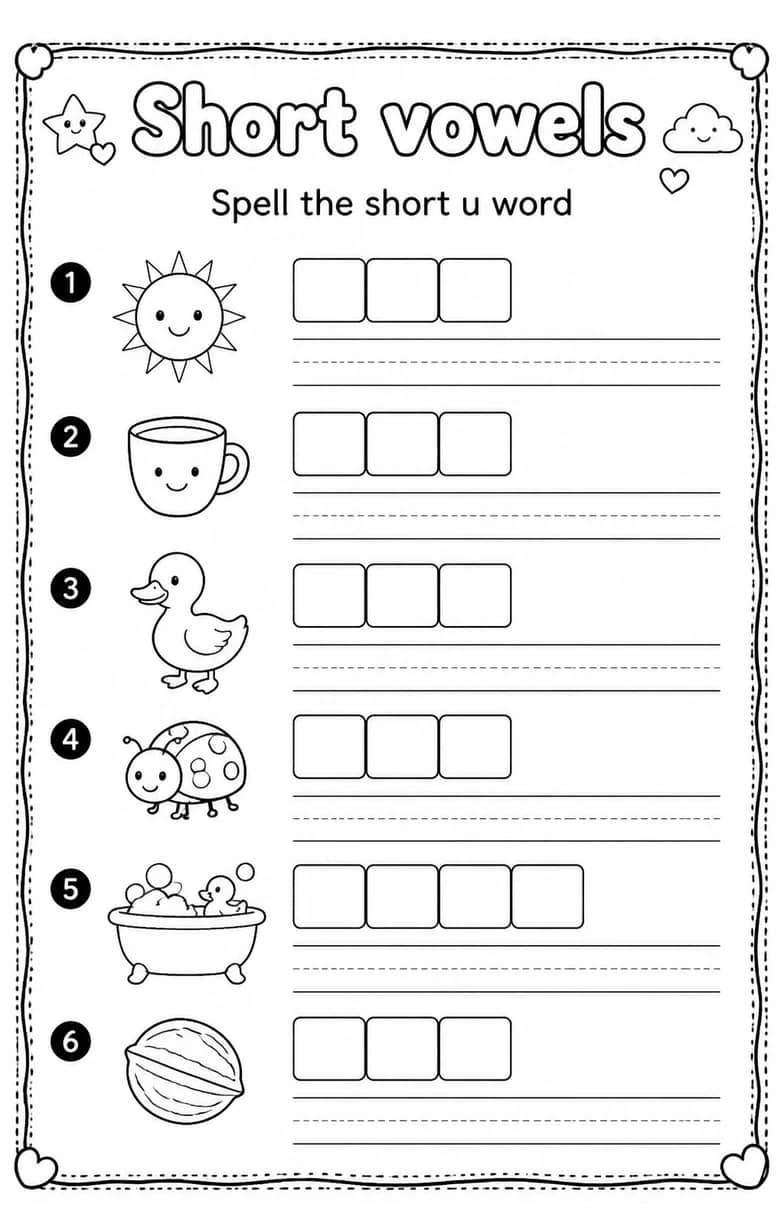 Spell the short u word — free printable Reading foundations English worksheet