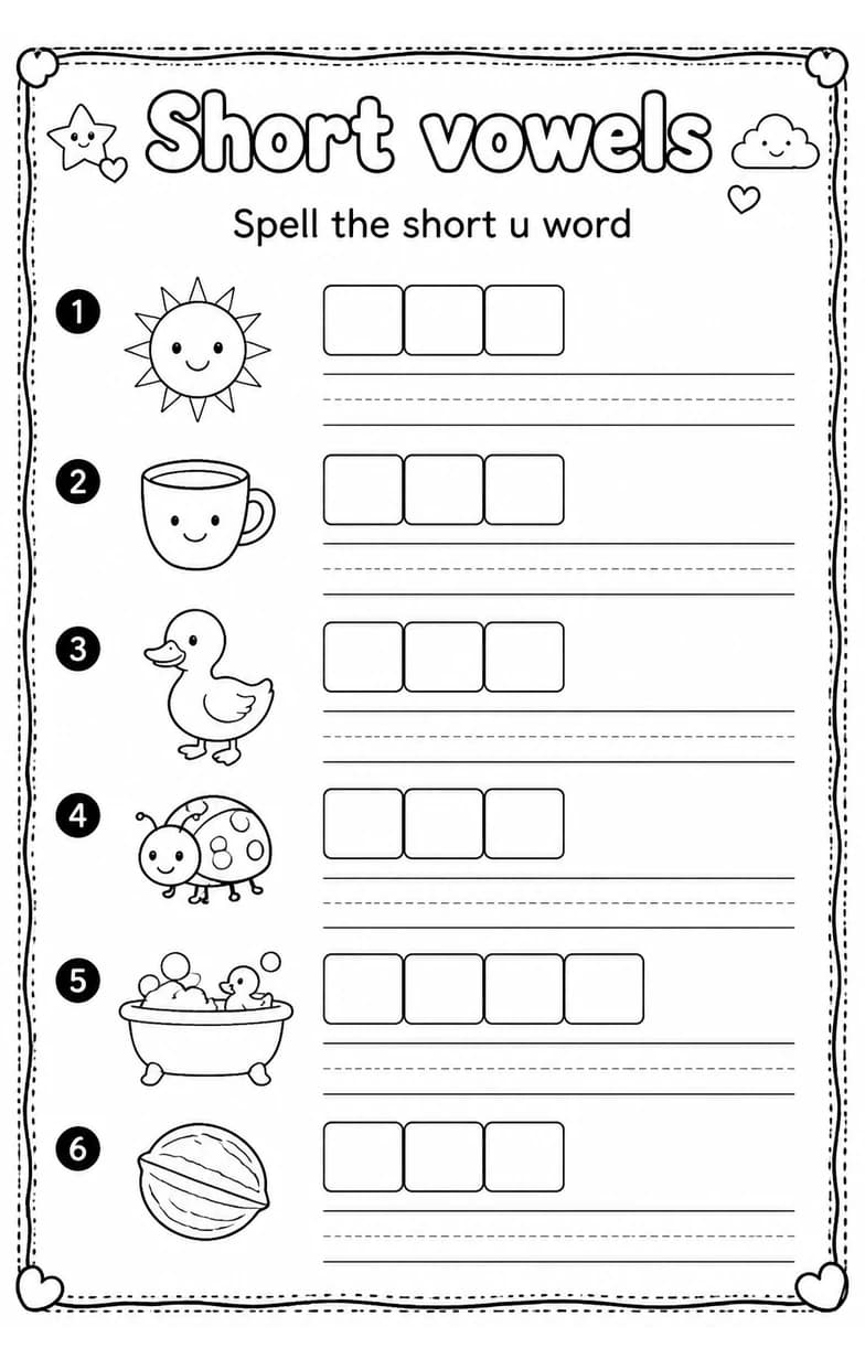 Spell the short u word — free printable Grade 2 English & Reading worksheet