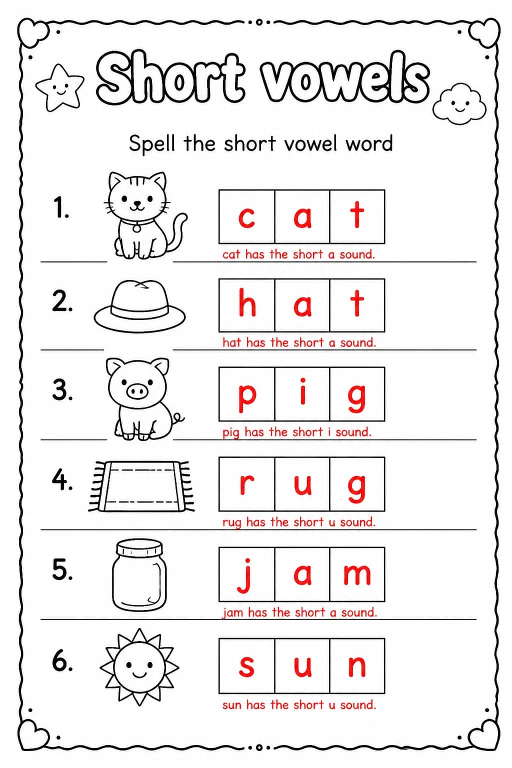 Answer key for Spell the short vowel word — free printable English & Reading worksheet