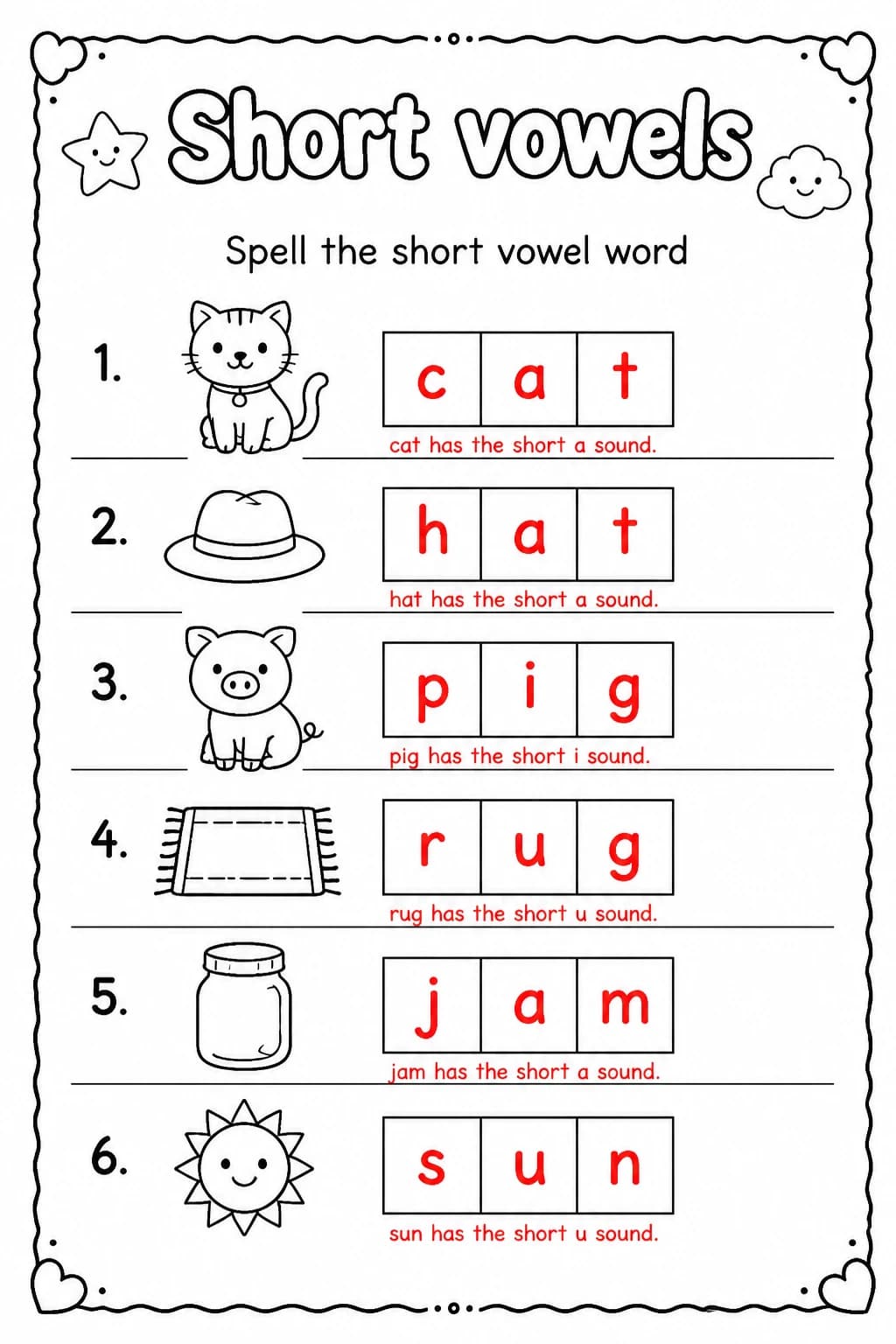 Answer key for Spell the short vowel word — free printable English & Reading worksheet