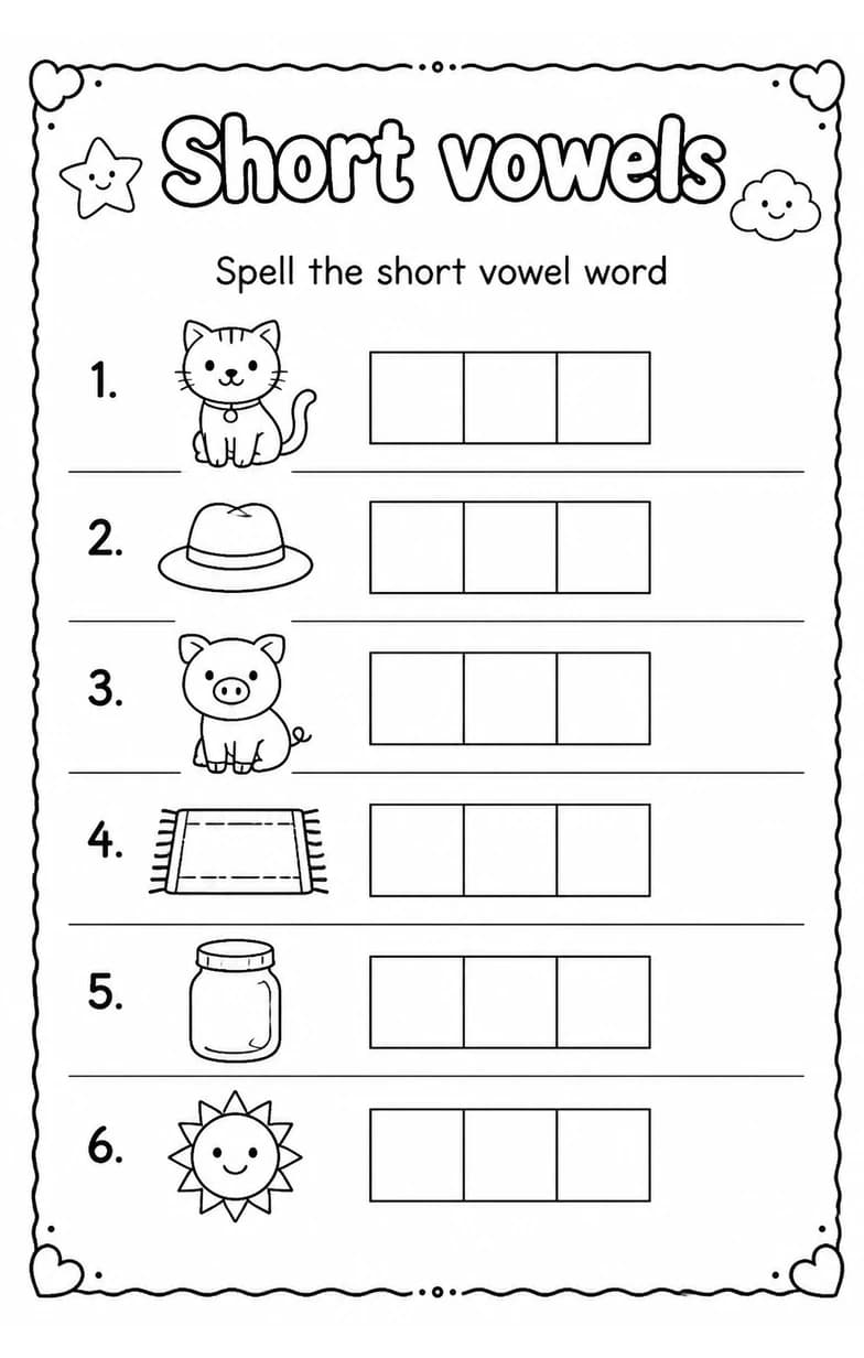 Spell the short vowel word — free printable Grade 1 English & Reading worksheet
