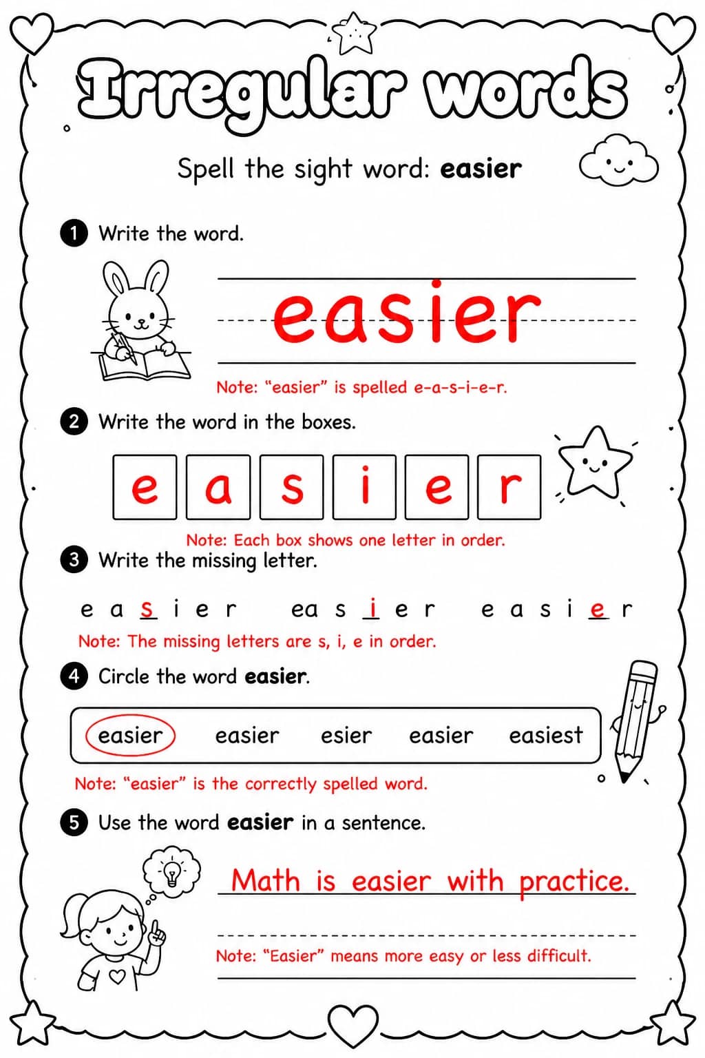 Answer key for Spell the sight word: easier — free printable English & Reading worksheet