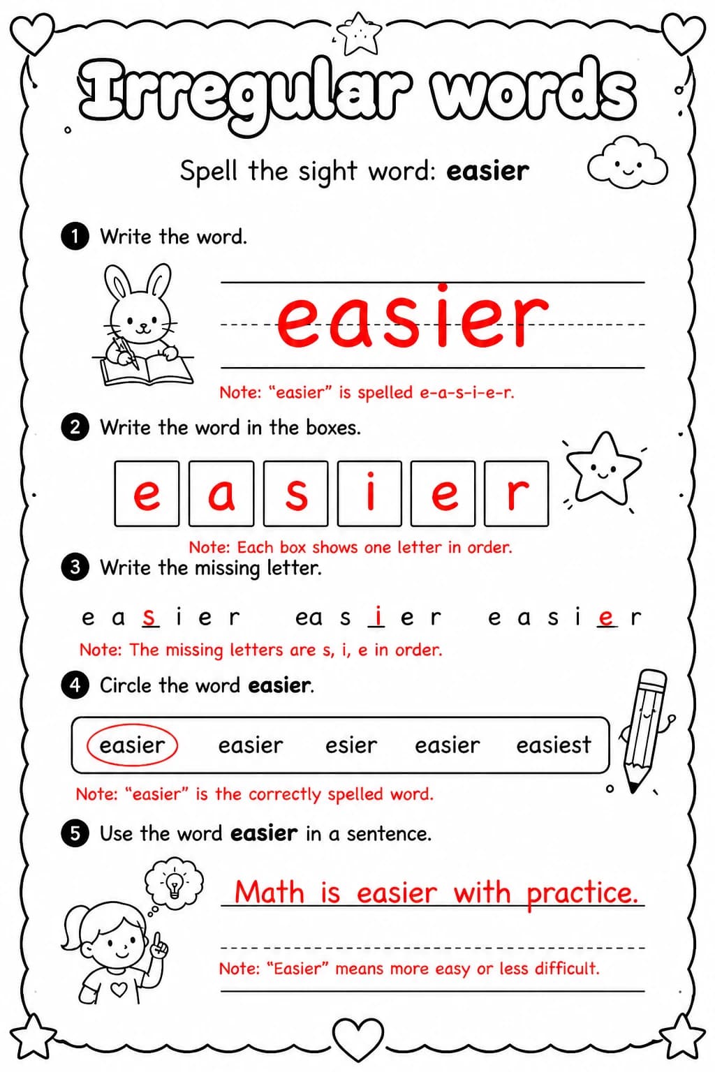 Answer key for Spell the sight word: easier — free printable English & Reading worksheet