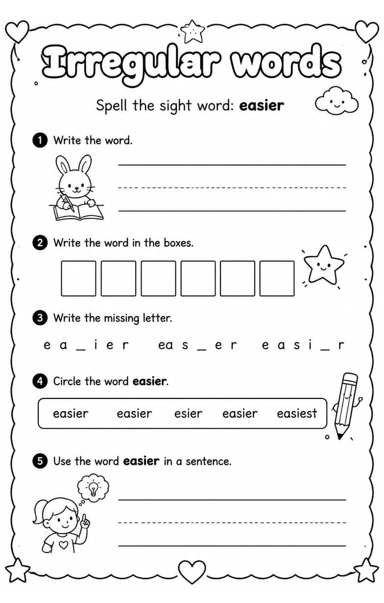 Spell the sight word: easier — free printable Grade 3 English & Reading worksheet