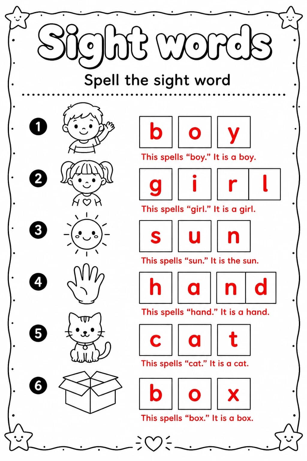 Answer key for Spell the sight word — free printable English & Reading worksheet