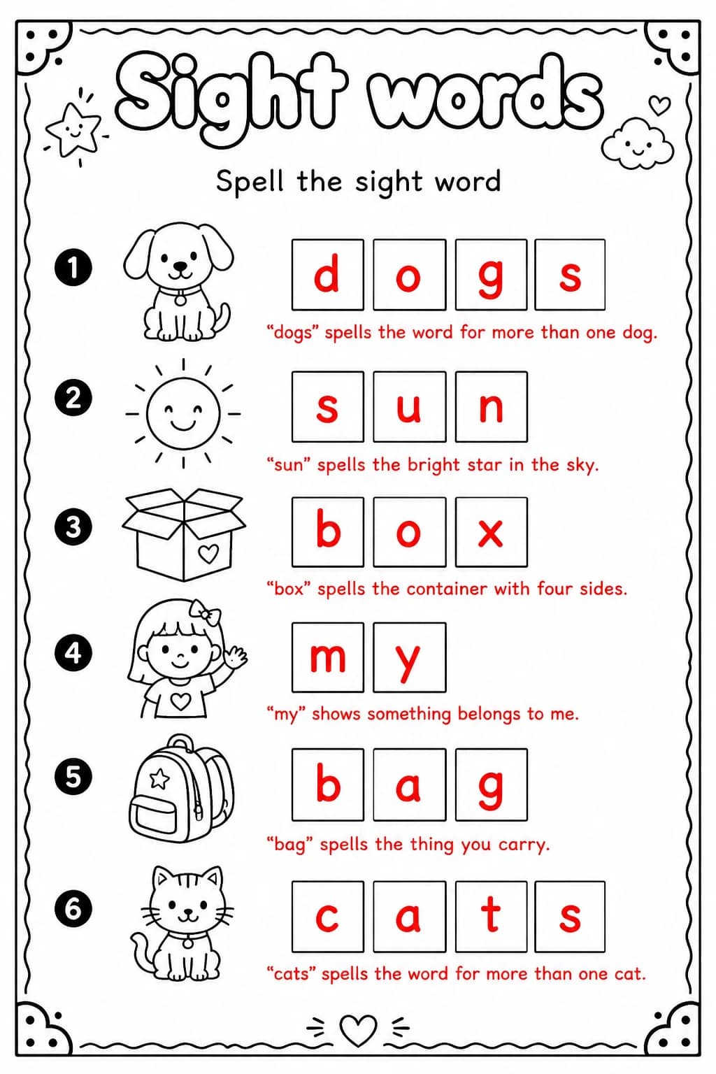 Answer key for Spell the sight word — free printable English & Reading worksheet