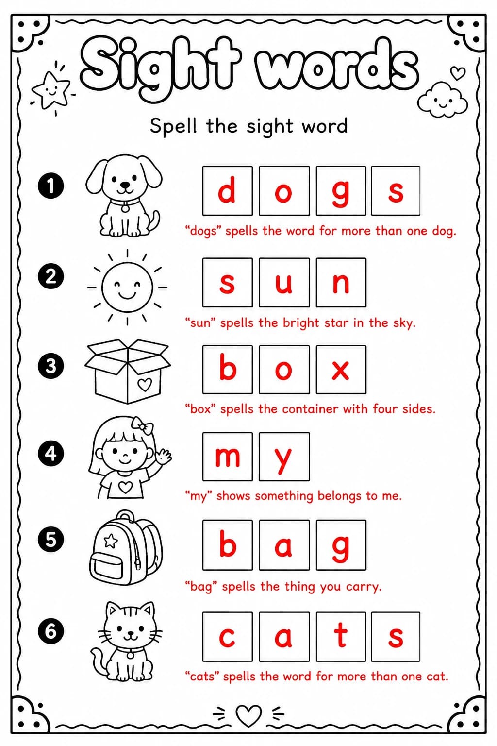 Answer key for Spell the sight word — free printable English & Reading worksheet