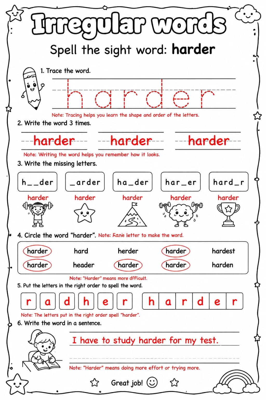 Answer key for Spell the sight word: harder — free printable English & Reading worksheet