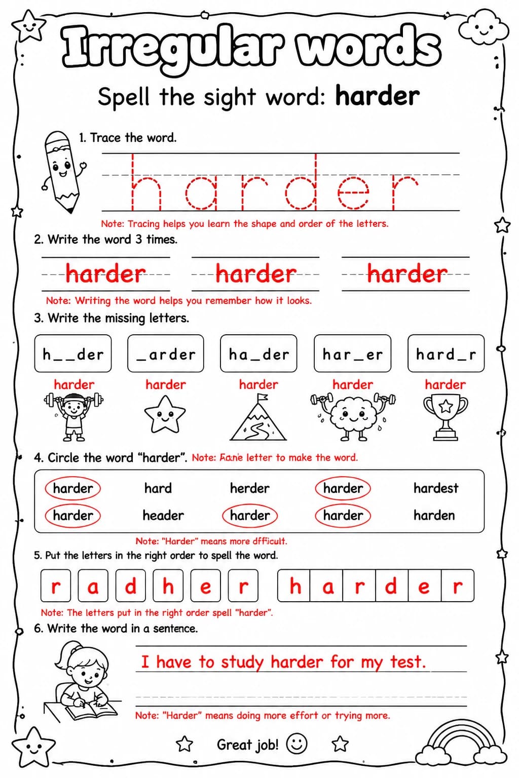 Answer key for Spell the sight word: harder — free printable English & Reading worksheet