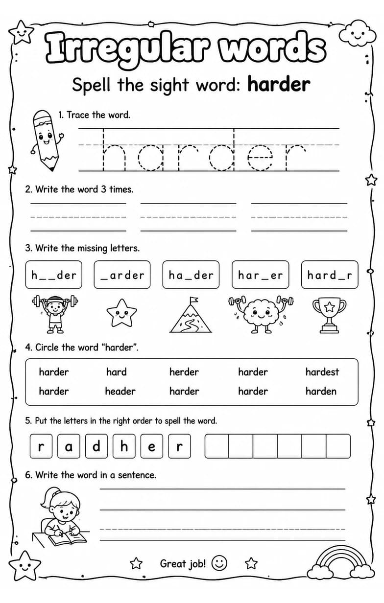 Spell the sight word: harder — free printable Reading foundations English worksheet