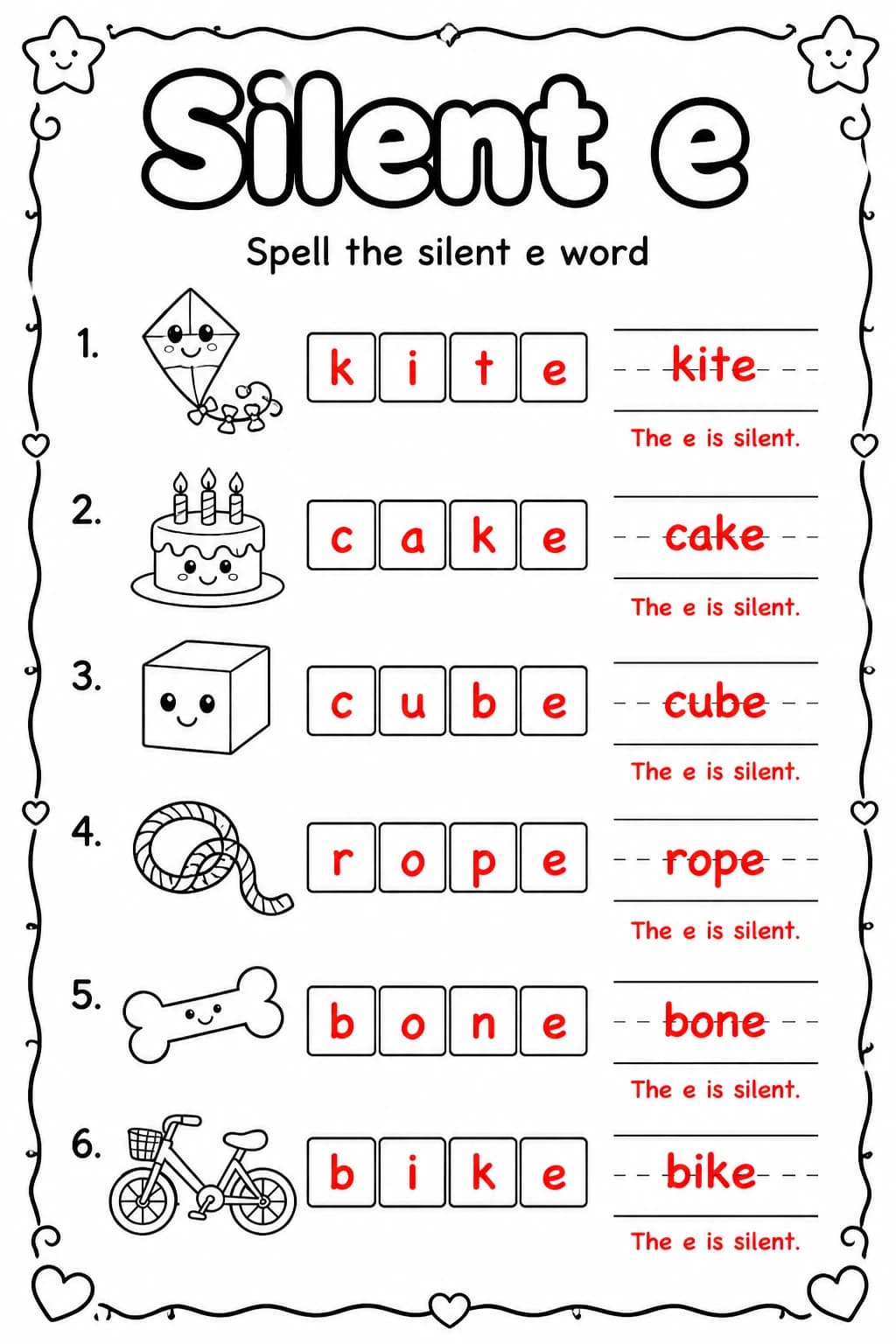 Answer key for Spell the silent e word — free printable English & Reading worksheet