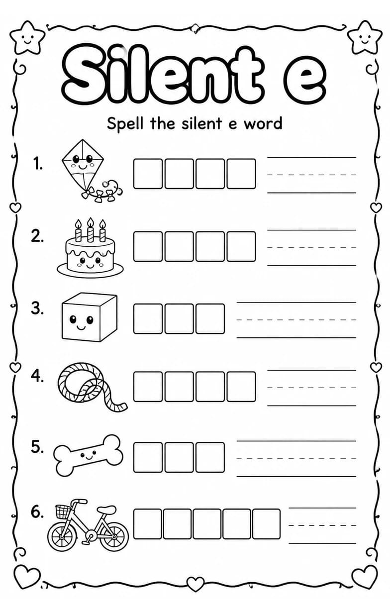 Spell the silent e word — free printable Grade 1 English & Reading worksheet