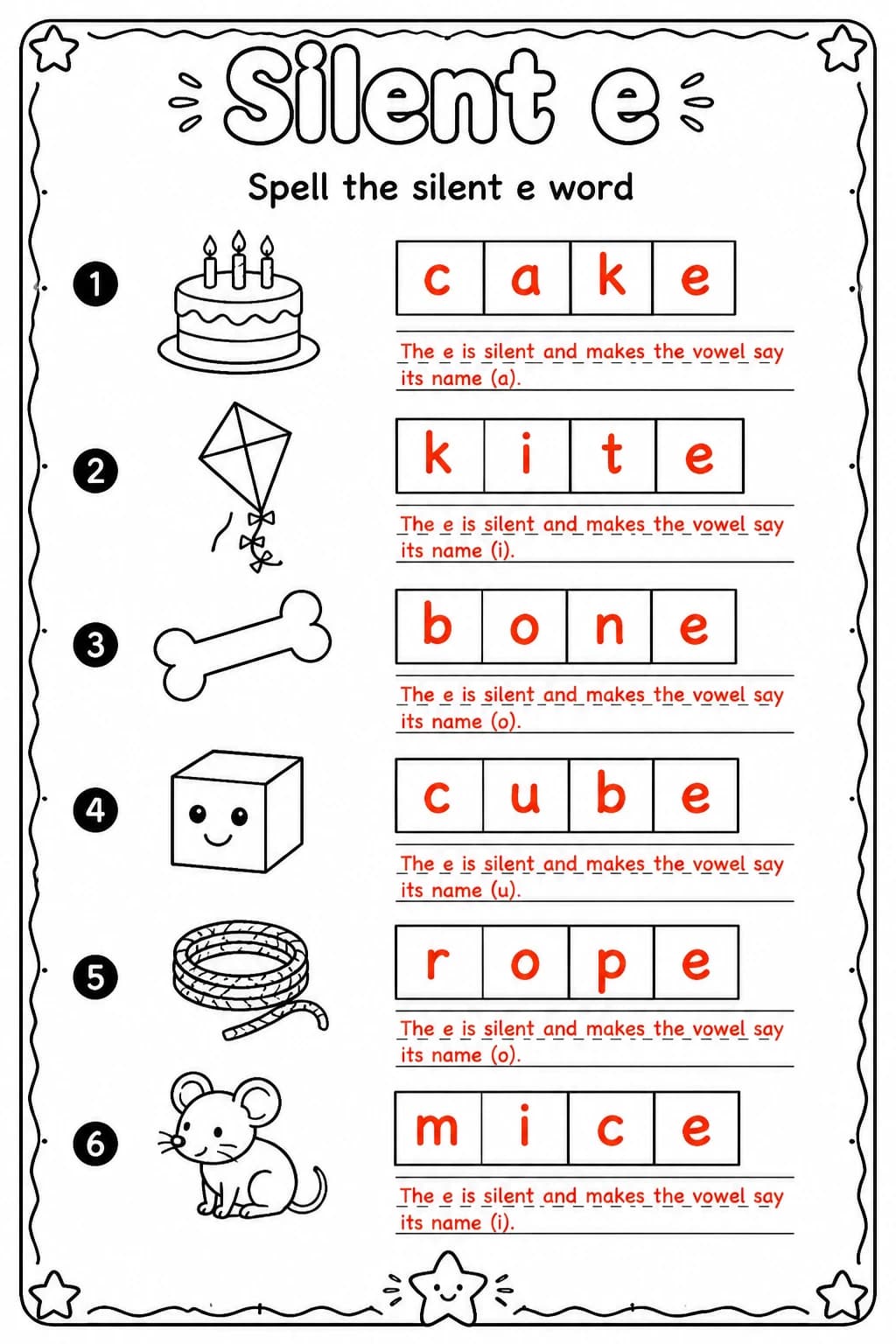 Answer key for Spell the silent e word — free printable English & Reading worksheet