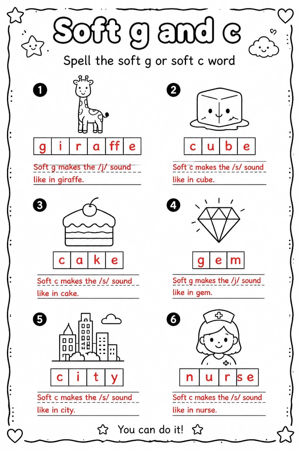 Answer key for Spell the soft g or soft c word — free printable English & Reading worksheet