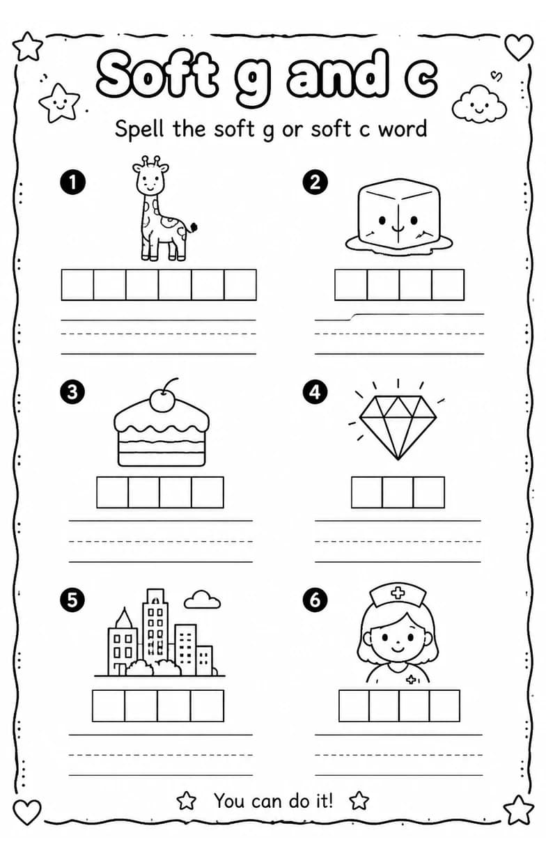 Spell the soft g or soft c word — free printable Grade 2 English & Reading worksheet