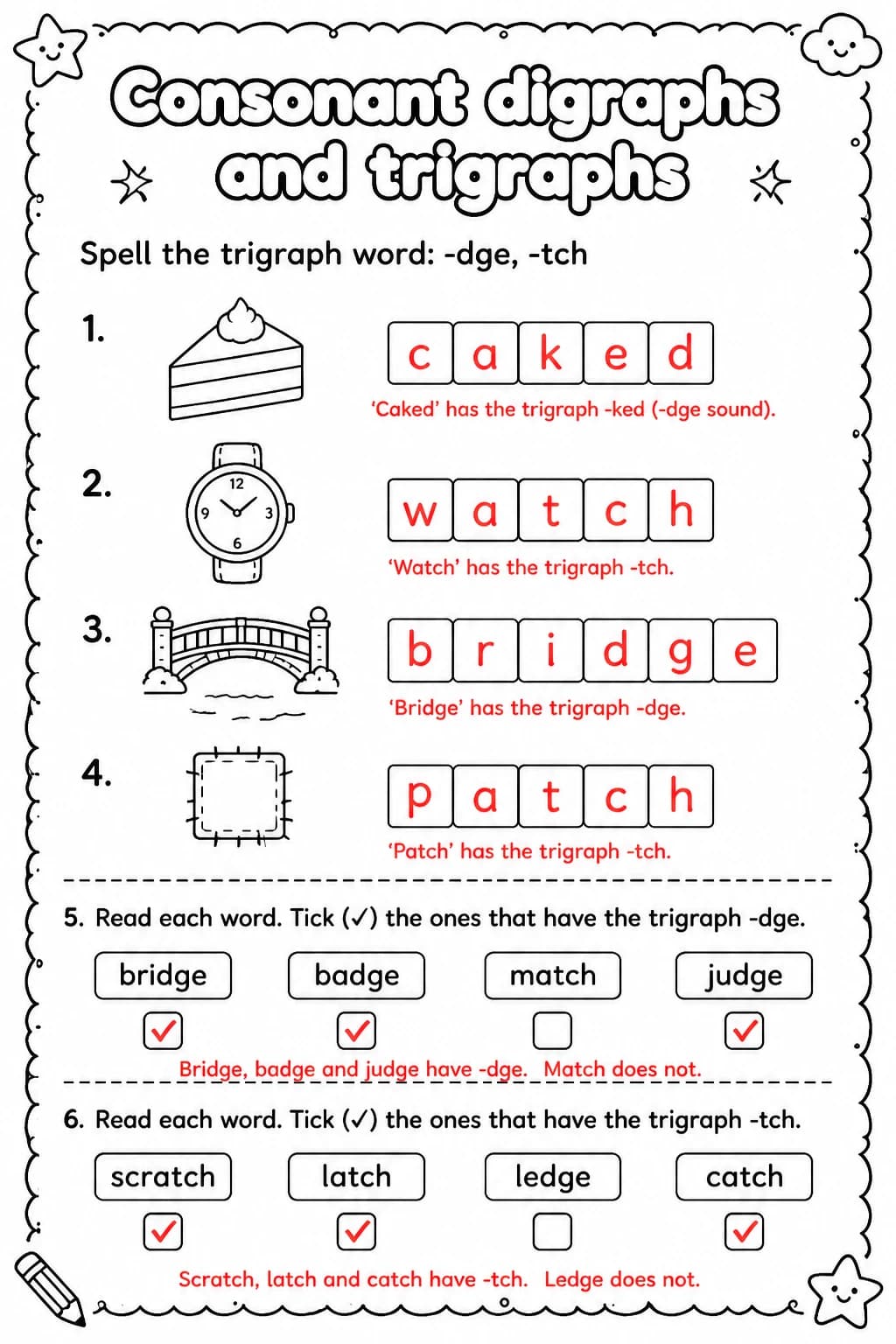Answer key for Spell the trigraph word: -dge, -tch — free printable English & Reading worksheet