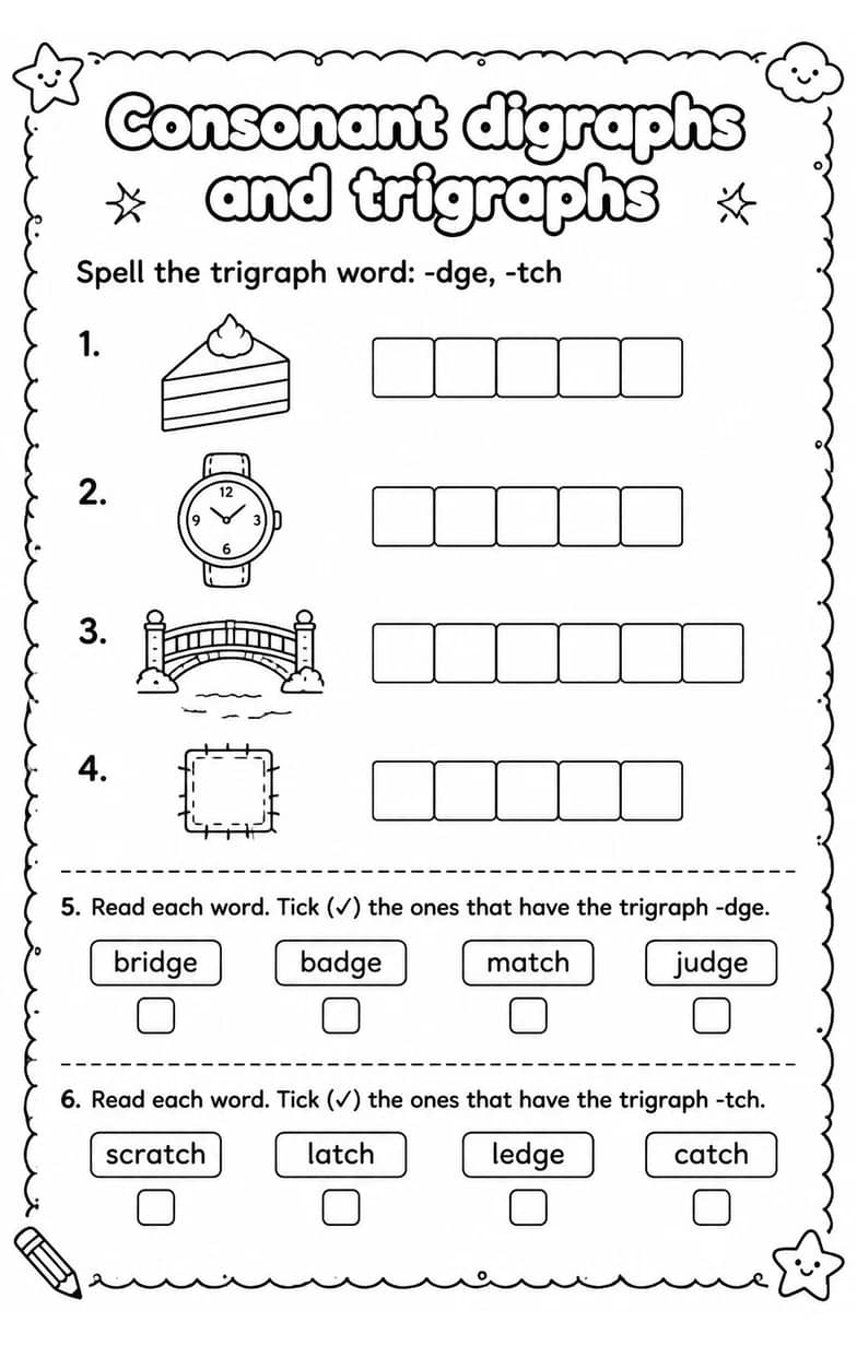 Spell the trigraph word: -dge, -tch — free printable Reading foundations English worksheet