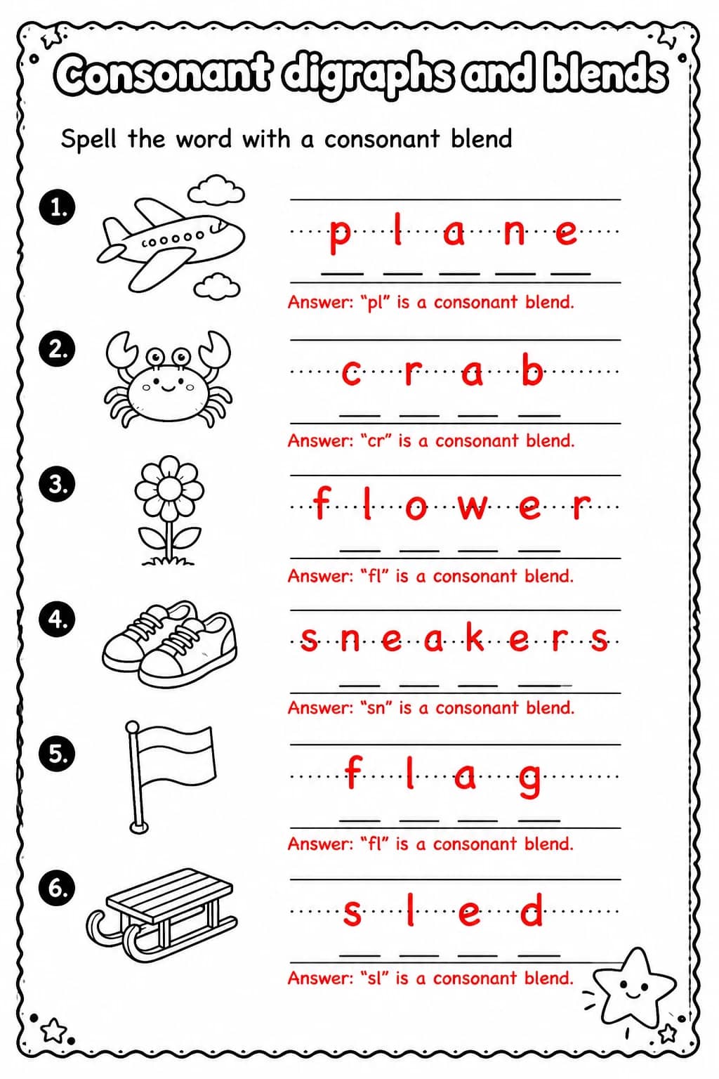 Answer key for Spell the word with a consonant blend — free printable English & Reading worksheet